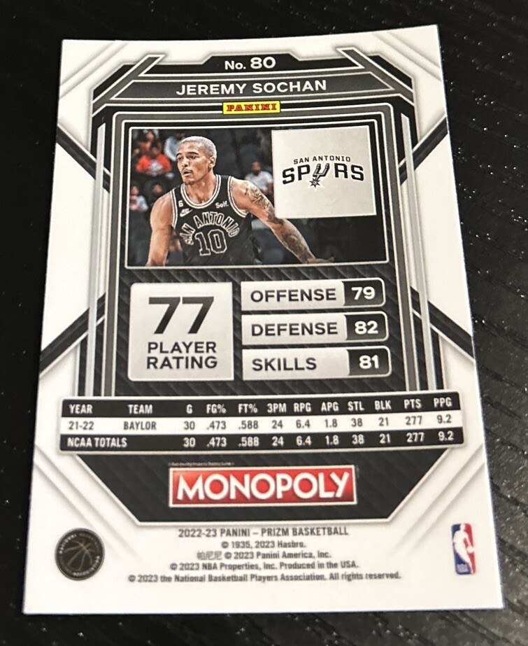 2022-23 Panini Prizm Monopoly Jeremy Sochan Rookie