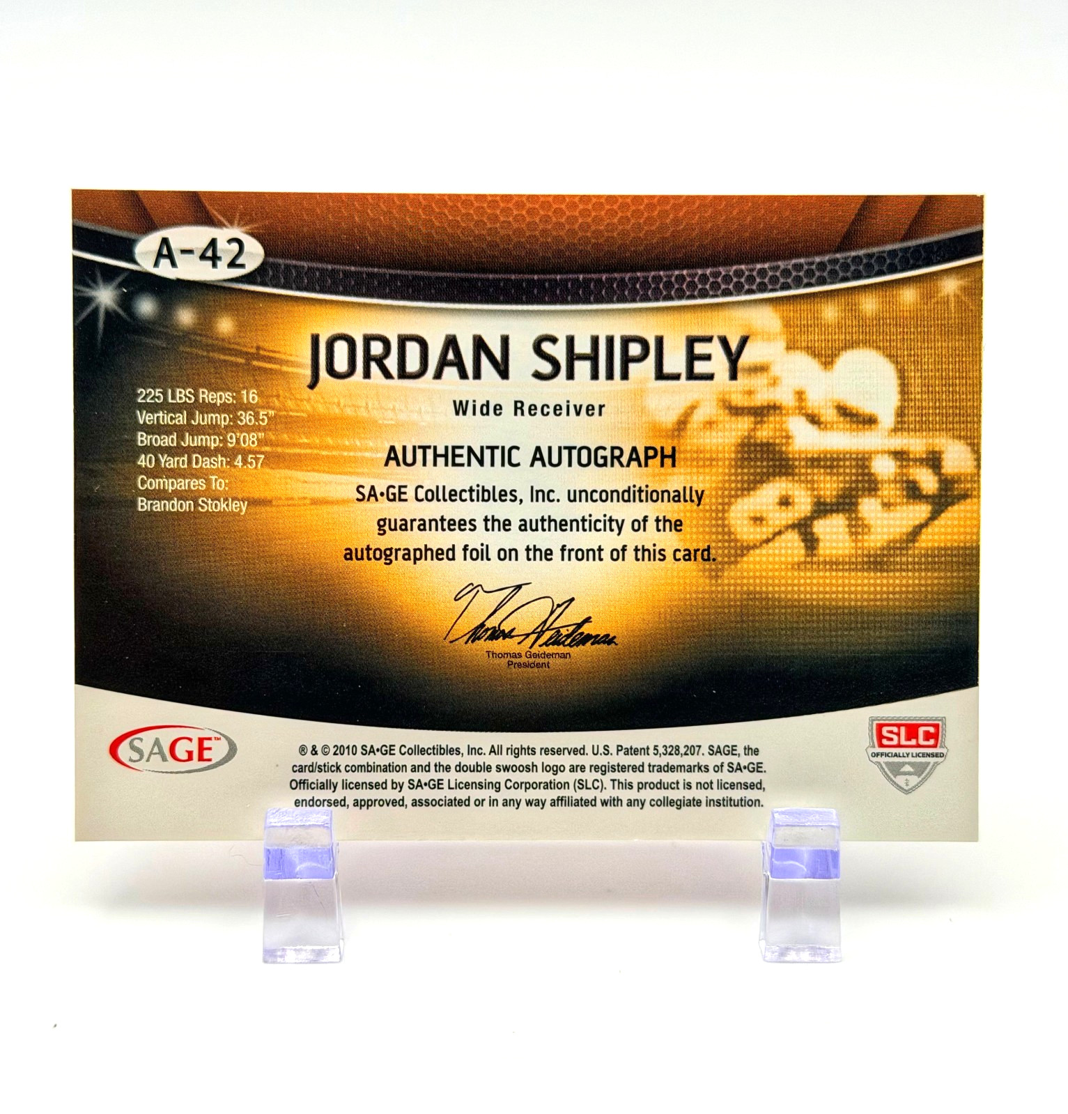 JORDAN SHIPLEY 2010 SAGE RC AUTO #A-42 TEXAS LONGHORNS-PC!