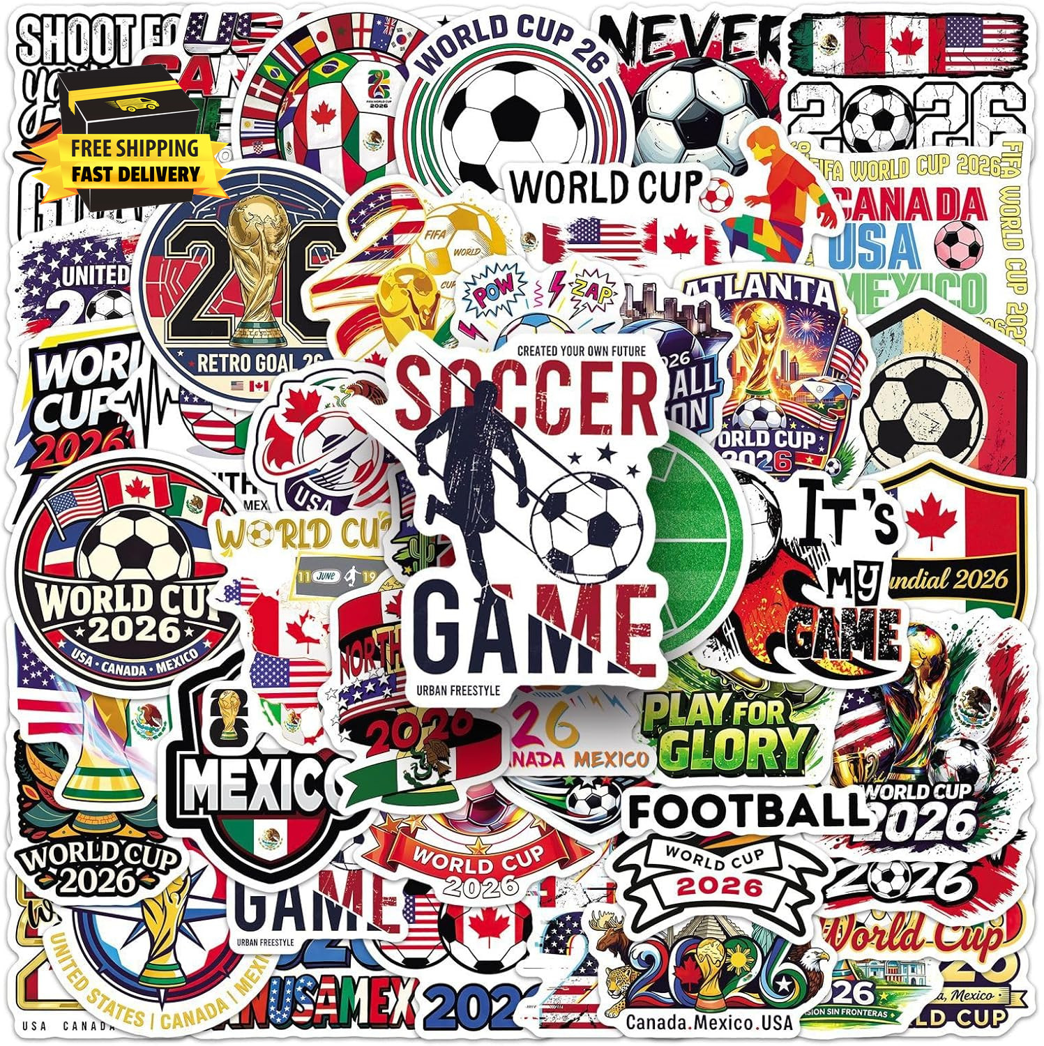 50Pcs 2026 World Cup Soccer Stickers, USA Canada Mexico Football Vinyl Decals fo