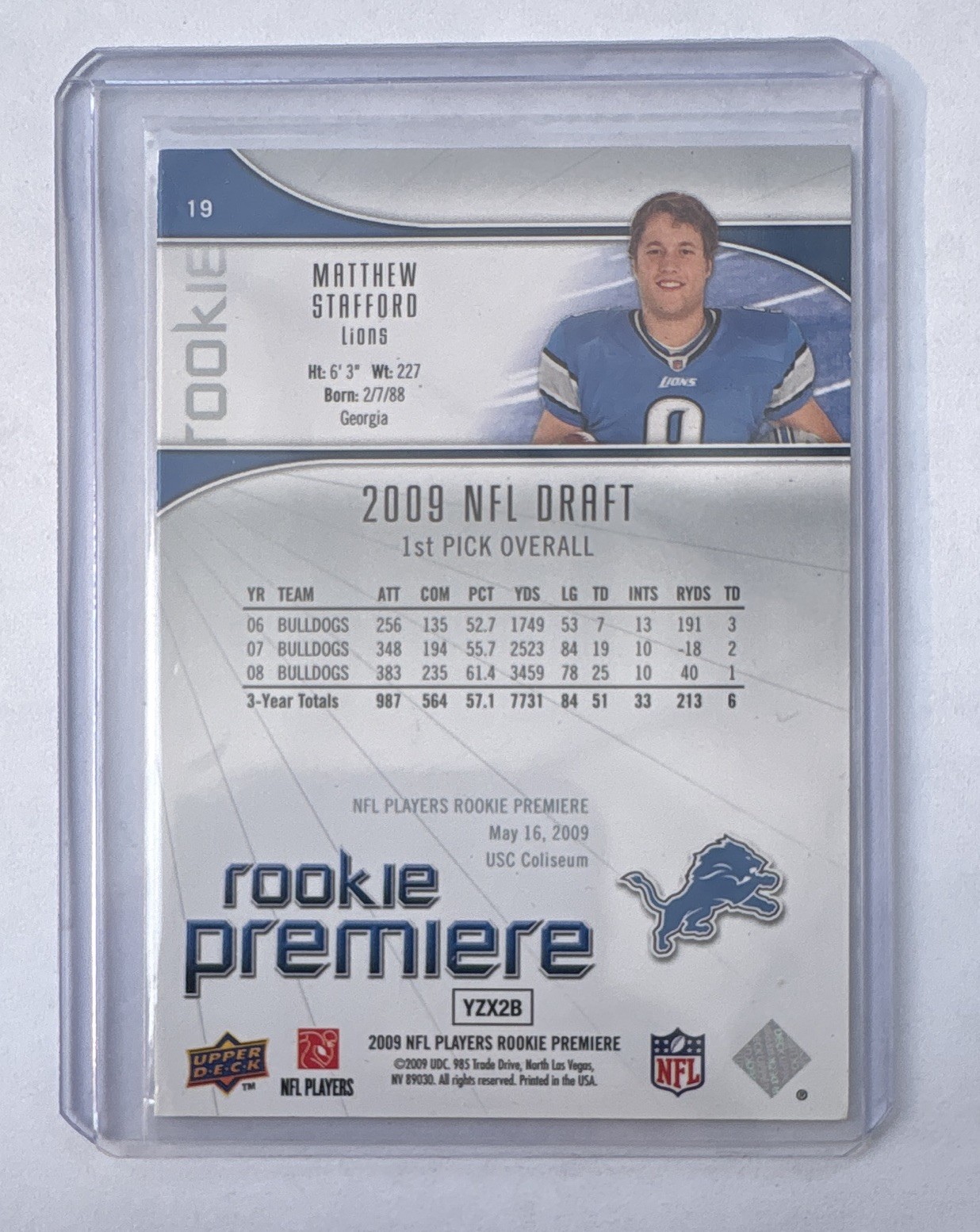 Upper Deck 2009 Rookie Premiere Matthew Stafford Detroit Lions RC #19