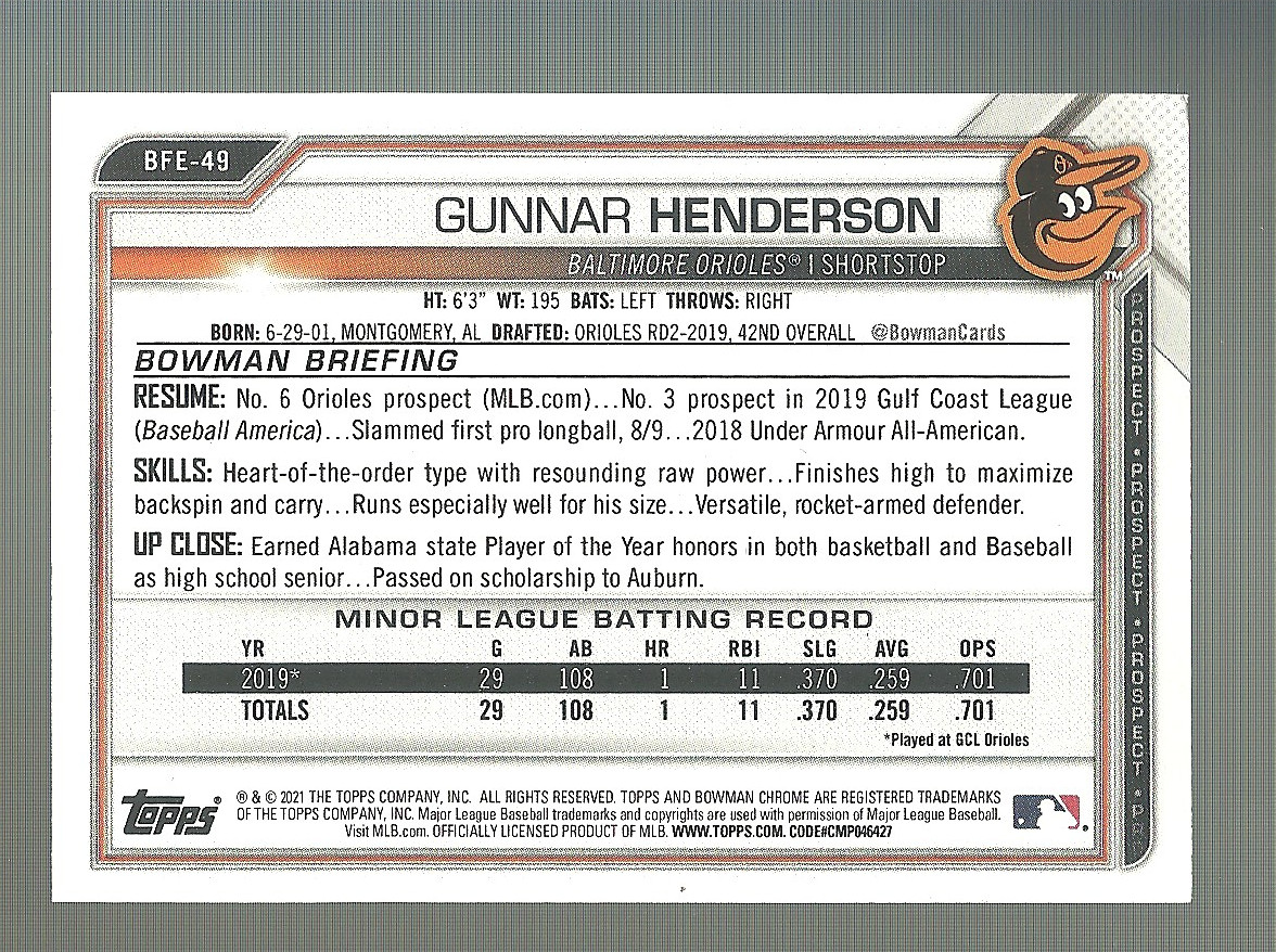 2021 Bowman 1st Edition – Gunnar Henderson #BFE-49 (RC)