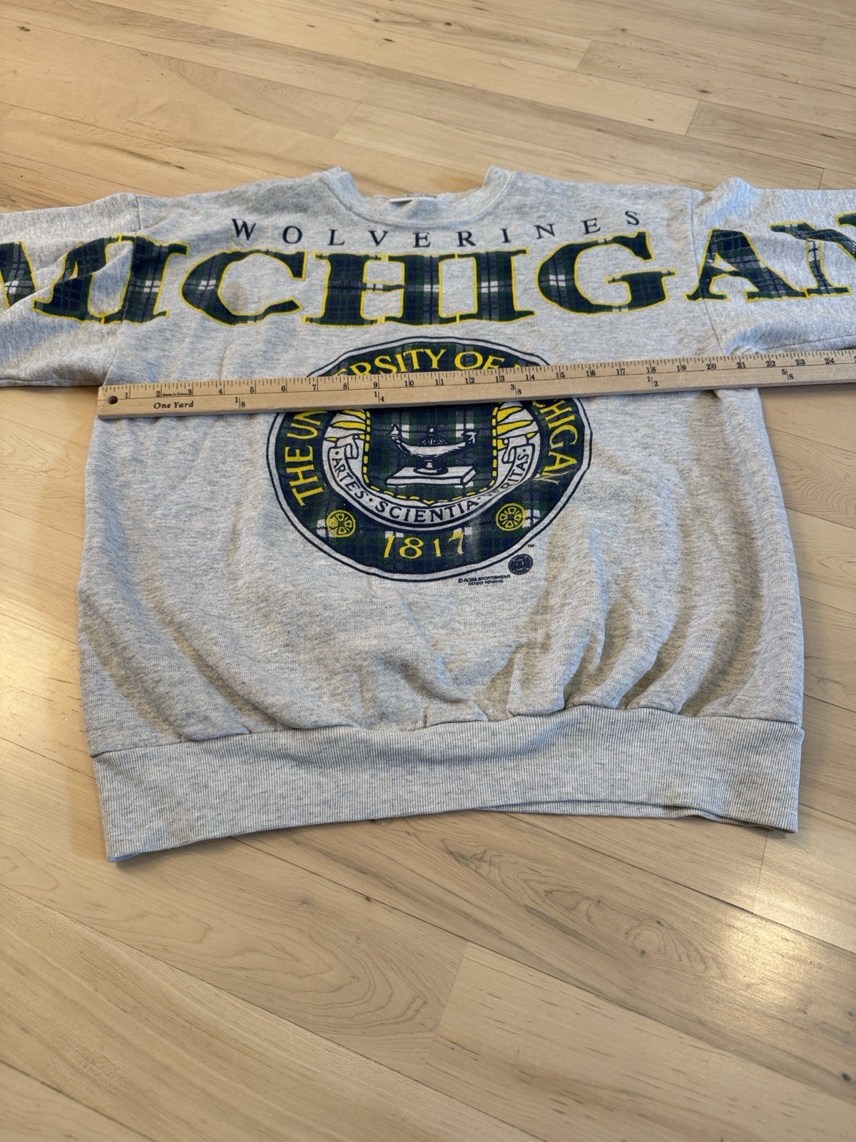 Vintage-University of Michigan-Wolverines-80s Plaid-Sleeve Spellout Sweatshirt