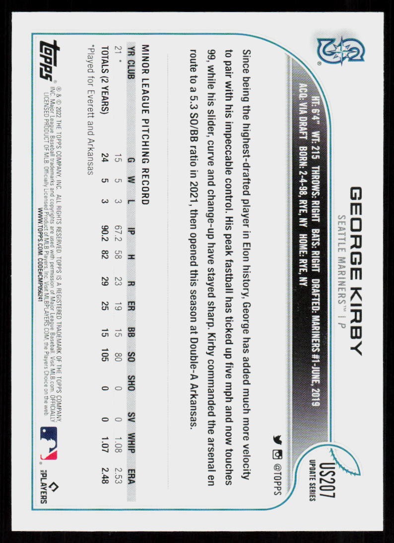 2022 Topps Update George Kirby #US207 BASEBALL CARD Rookie Seattle Mariners RC