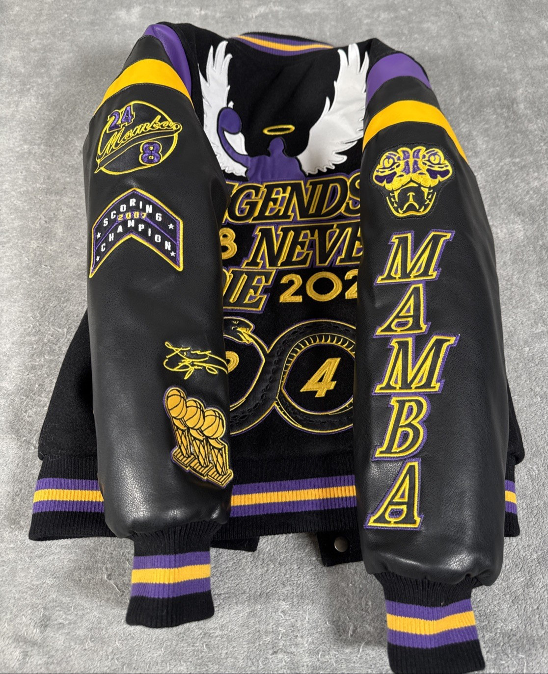 Kobe Bryant Kids Legends Never Die Varsity Jacket Headgear LA Lakers XS NWOT