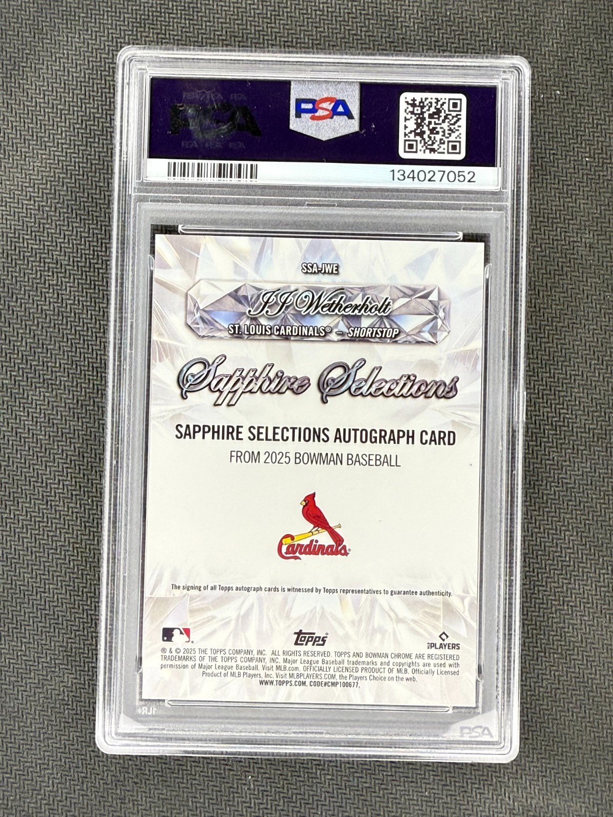 JJ WETHERHOLT 2025 Bowman Chrome Sapphire Selections AUTO PSA 10 Cardinals
