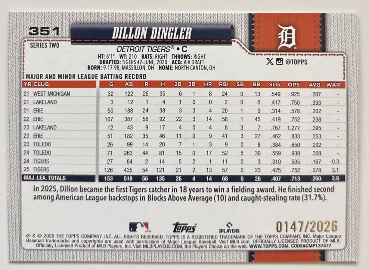 DILLON DINGLER 2026 Topps Series 2 Gold /2026 #351 Detroit Tigers