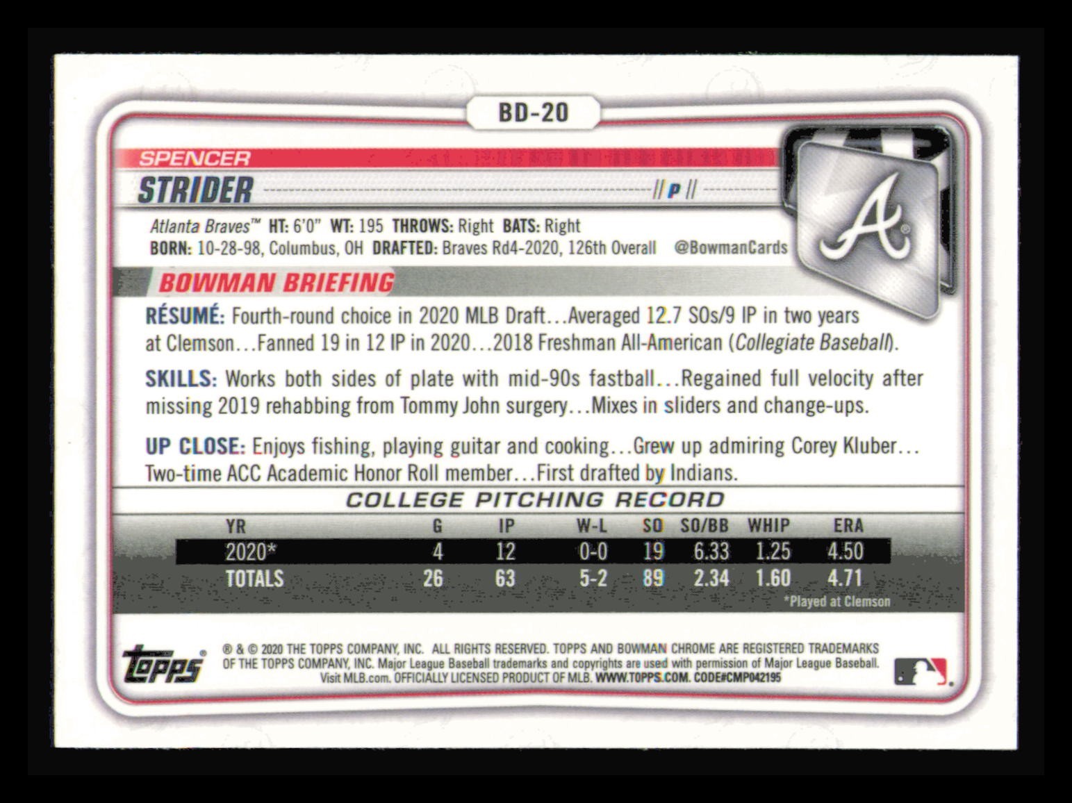 2020 Bowman Draft Chrome Spencer Strider #BD-20 (RC) 1st Braves Rookie