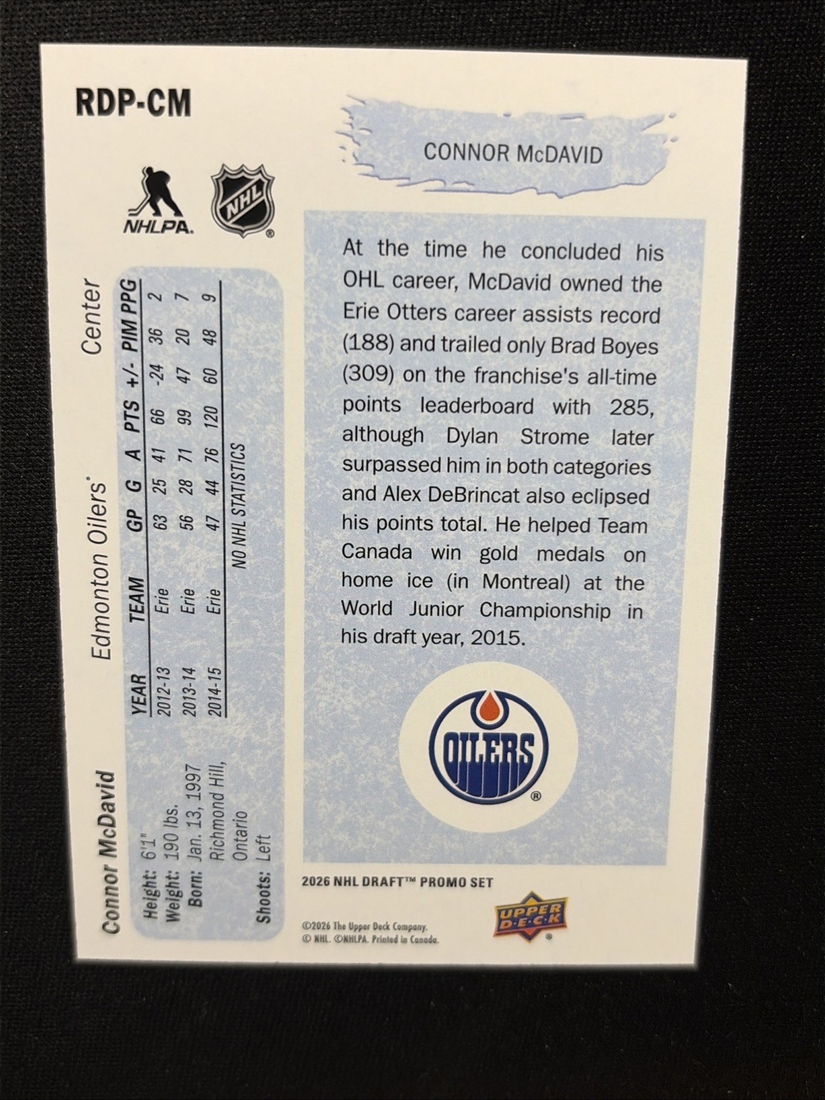 2026 UD NHL Draft Promo Set Number 1 Draft RDP-CM Connor McDavid