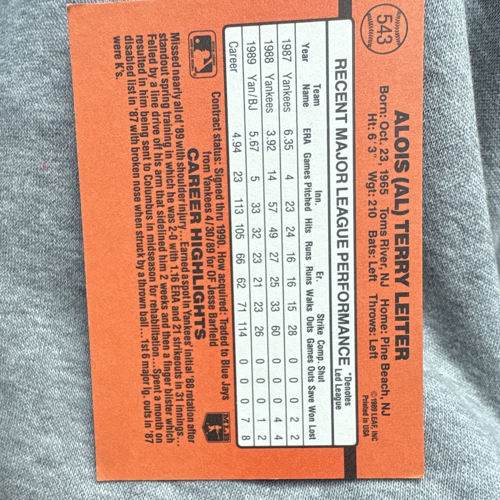 1990 DONRUSS ERROR NO DOT AFTER INC CARD #543 AL LEITER TORONTO BLUE JAYS ERROR