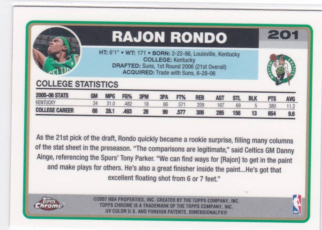 2006-07 Topps Chrome – Rajon Rondo Rookie – Celtics – Kentucky #201 (RC)