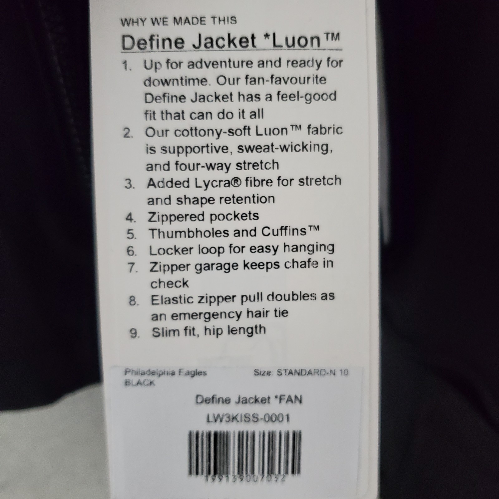 Philadelphia Eagles Define Jacket Women’s 10 Black NFL Full Zip Lululemon NWT