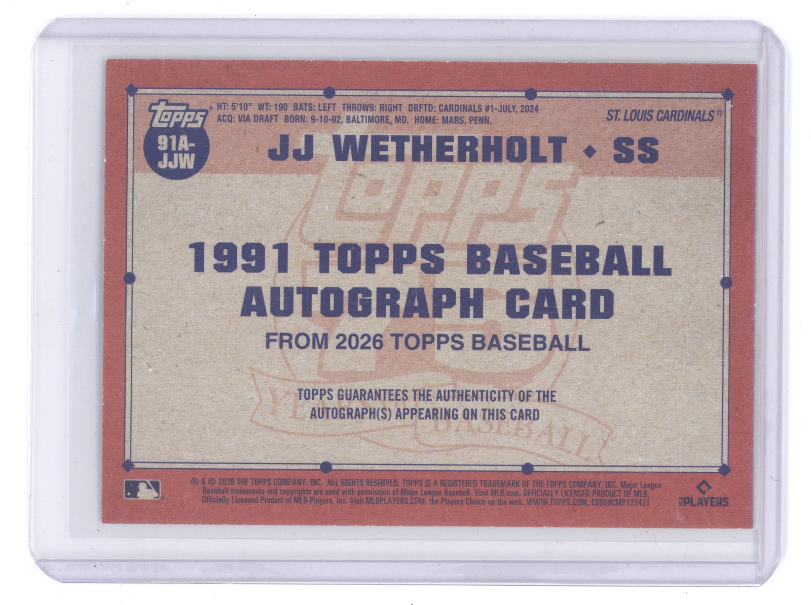 JJ WETHERHOLT 2026 TOPPS SERIES 2 ROOKIE GREEN AUTO /99 #91A-JJW CARDINALS Q1887