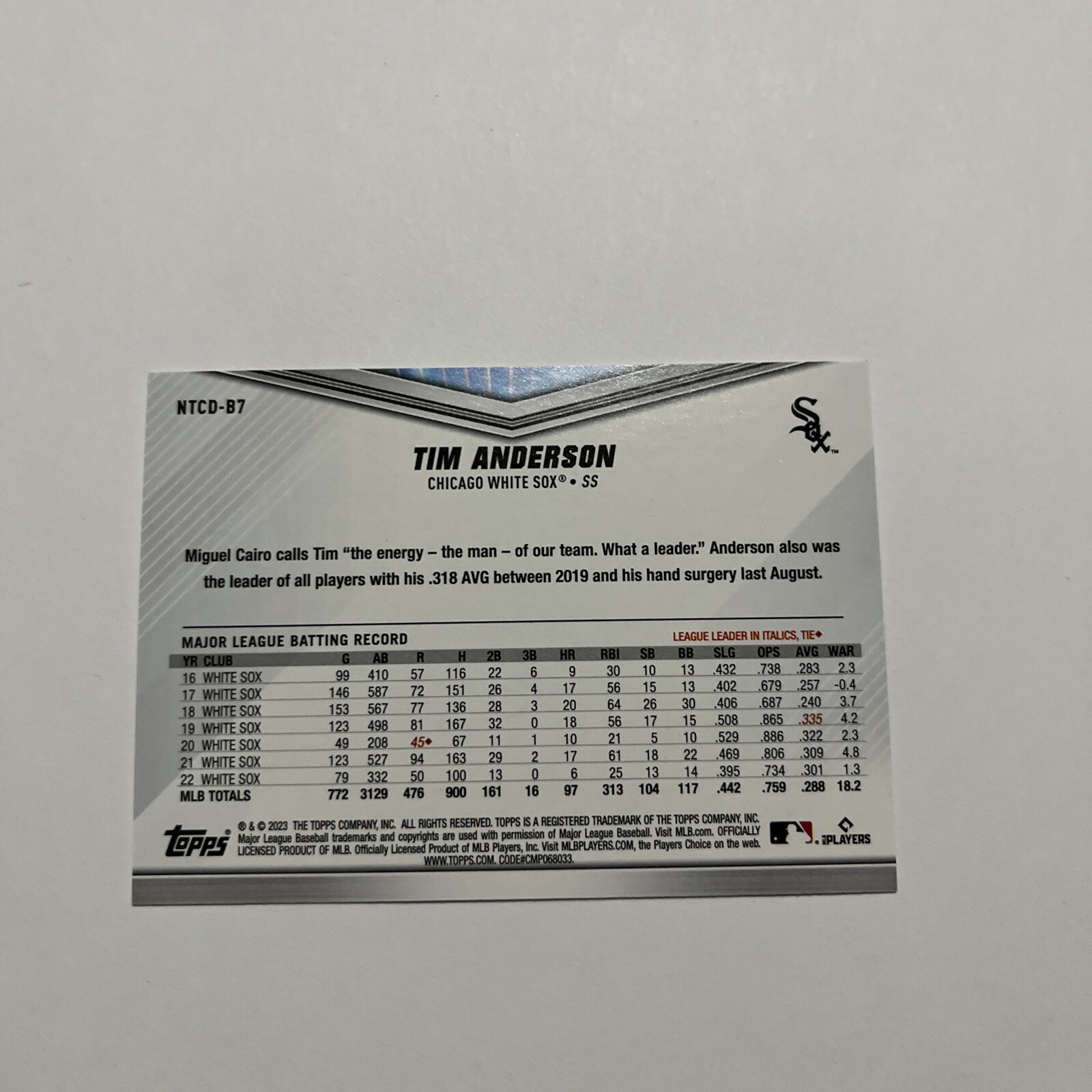 Tim Anderson 2023 Topps International Trading Card Day NTCD-B7 Chicago White Sox
