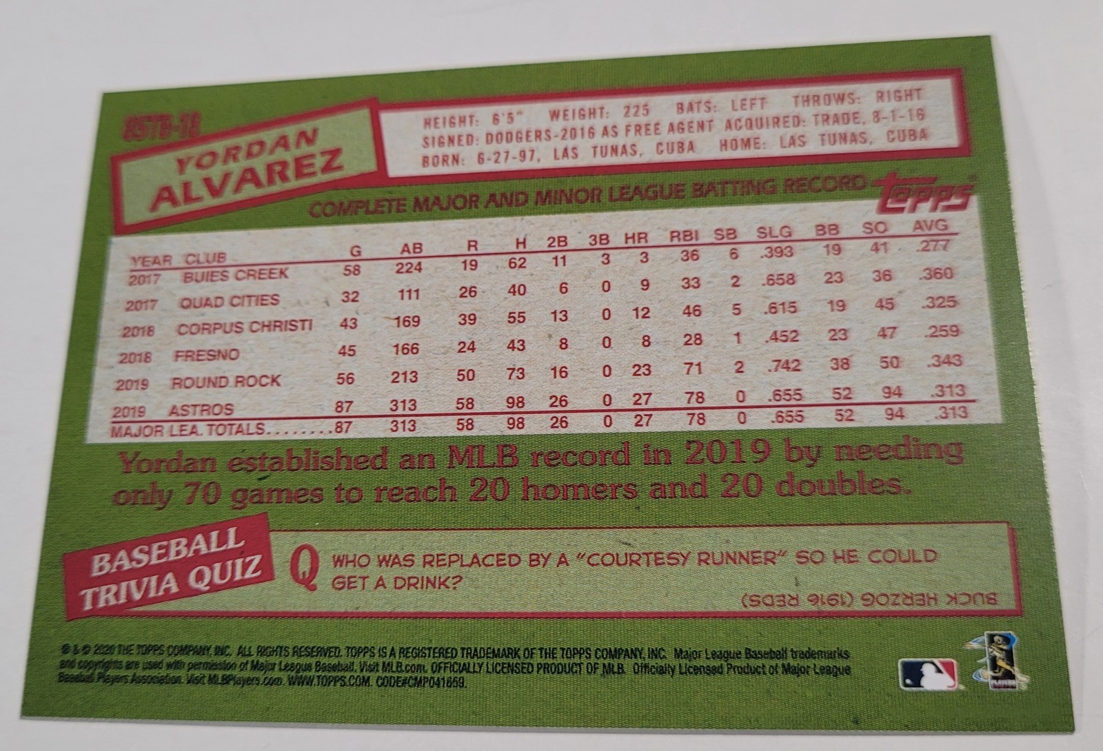 2020 Topps Update ’85 Topps #85TB18 Yordan Alvarez RC Houston Astros