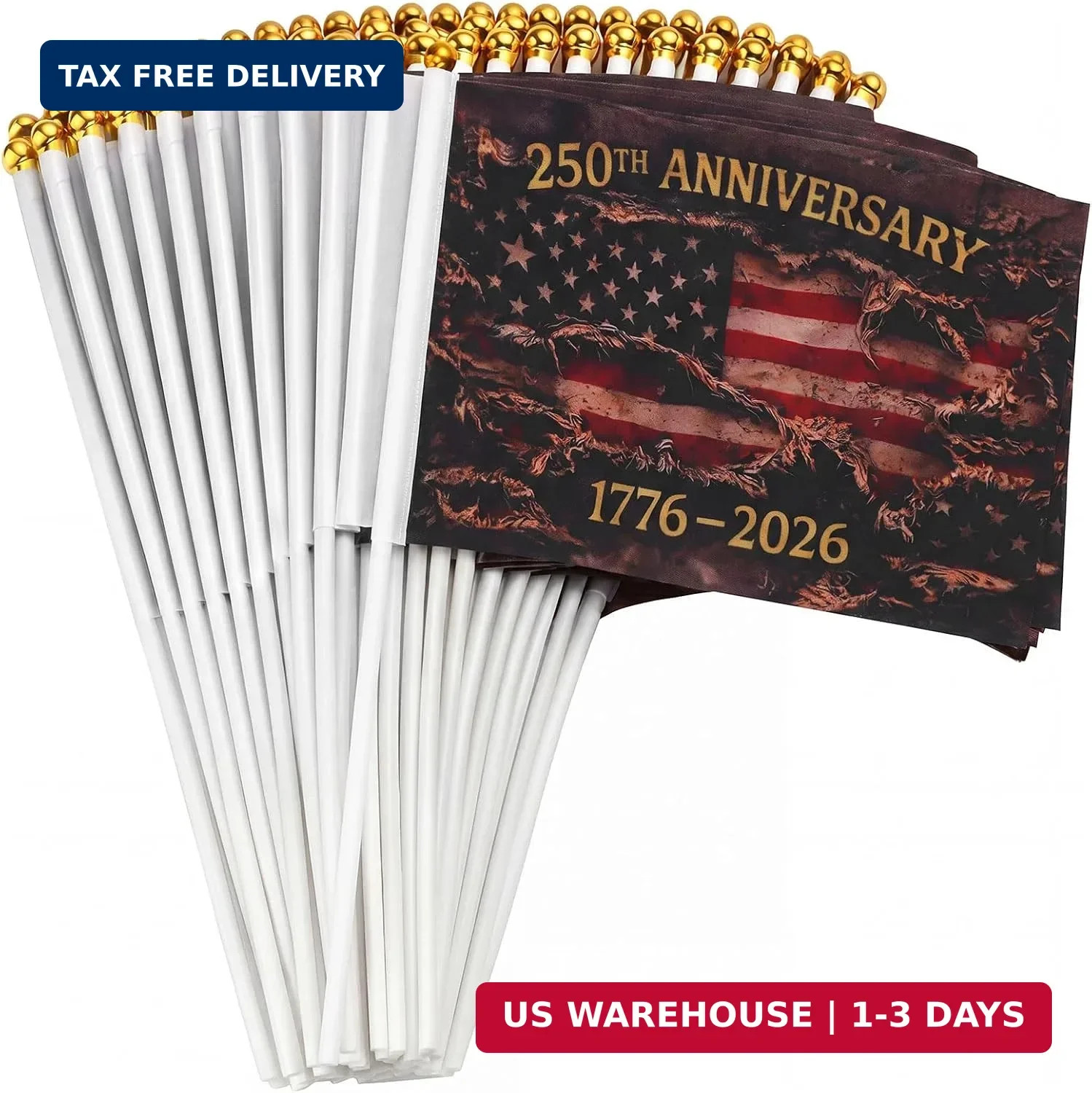 Remagr 100 Pcs 250th Anniversary Flag on Stick America Hand Held Flag 1776-2026