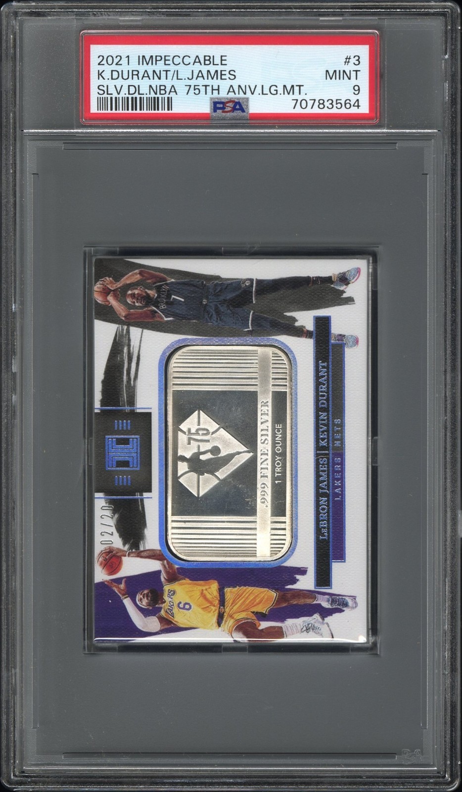 2021 Impeccable Durant/James REAL Silver block NBA 75th Anniversary /20 PSA 9