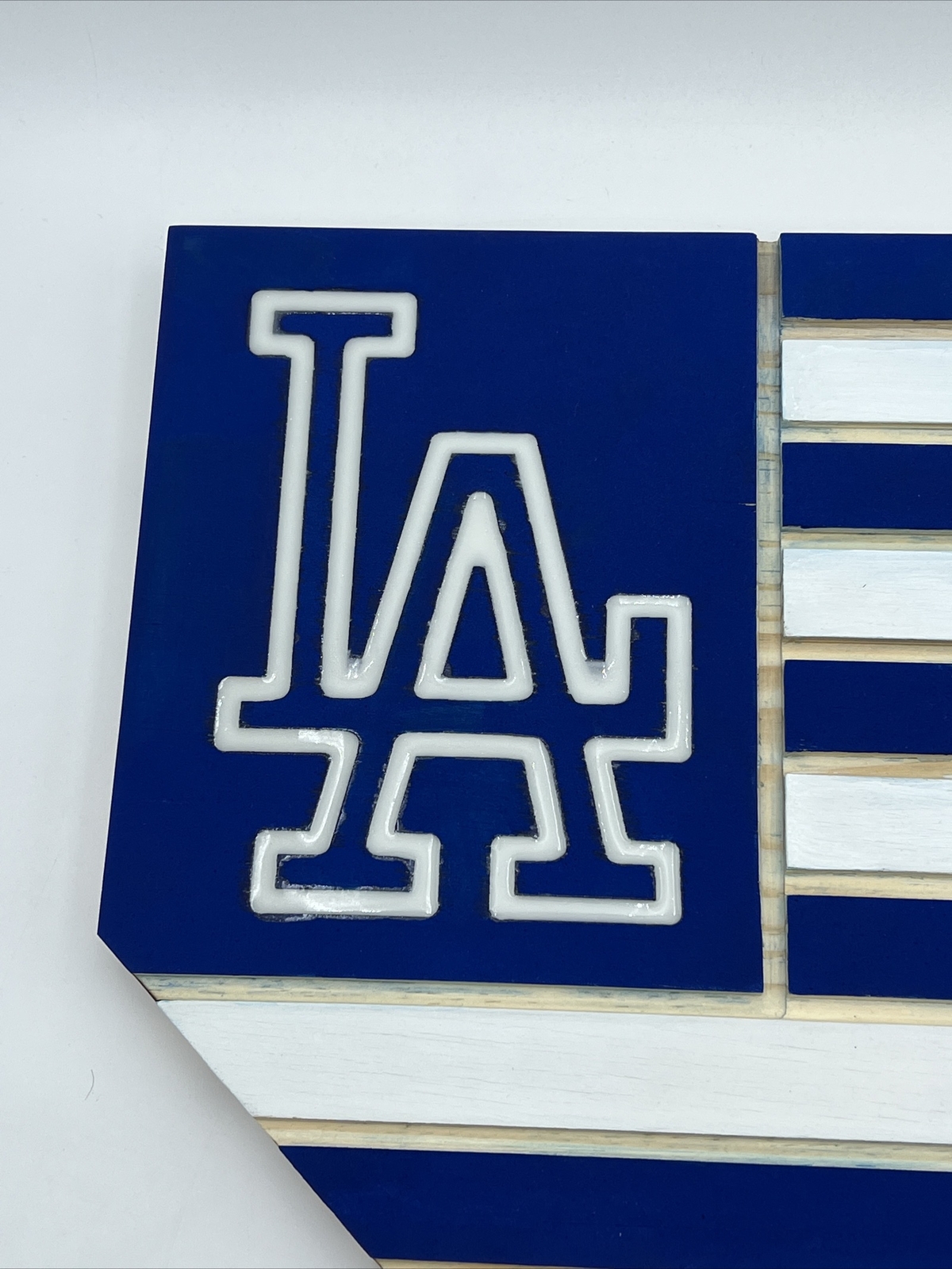 LOS ANGELES DODGERS “FLAG THEMED” HOME PLATE SIGN 1″ PINE WOOD, STAIN, & EPOXY