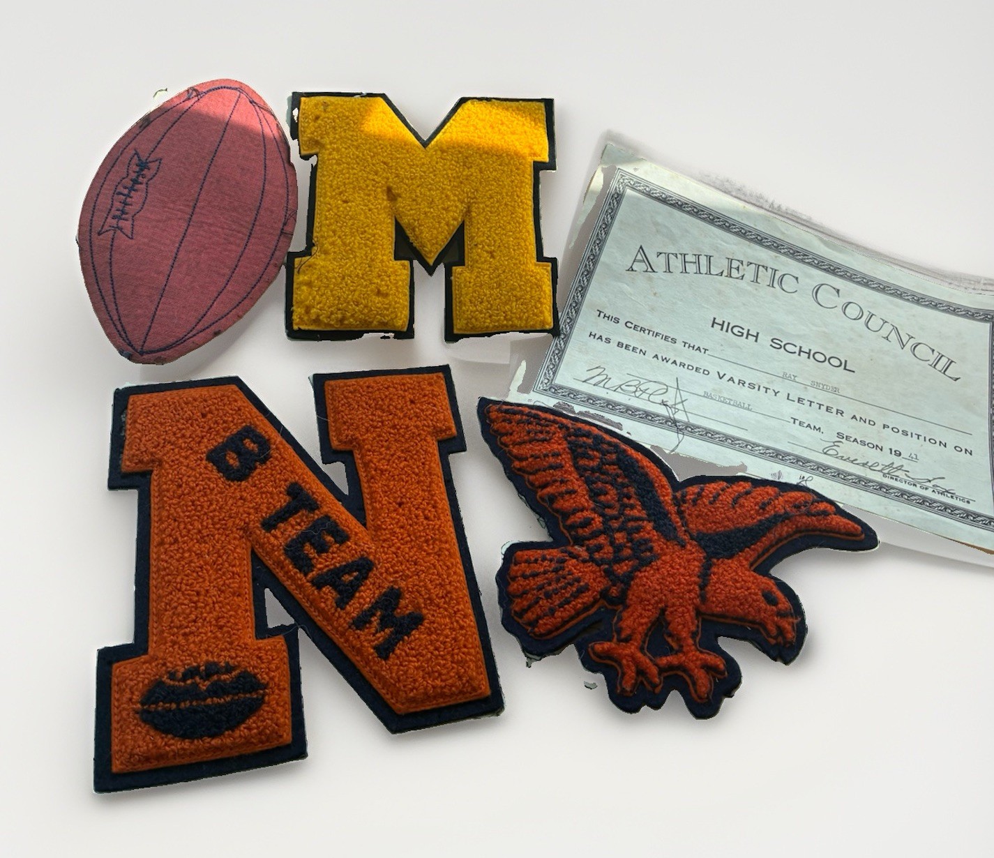 Vintage 1940s High School Letterman’s Patches plus Vintage HS Certificate