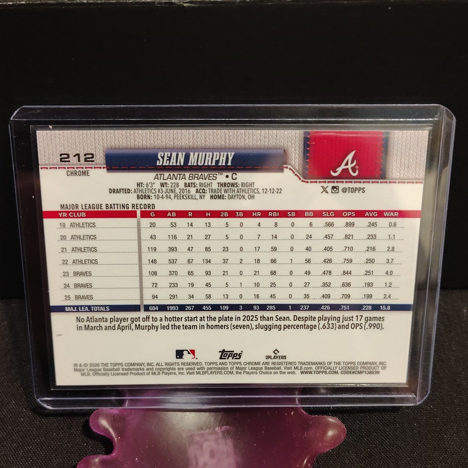 2026 Topps Chrome SEAN MURPHY green refractor ! 26/99 #212 Braves!!