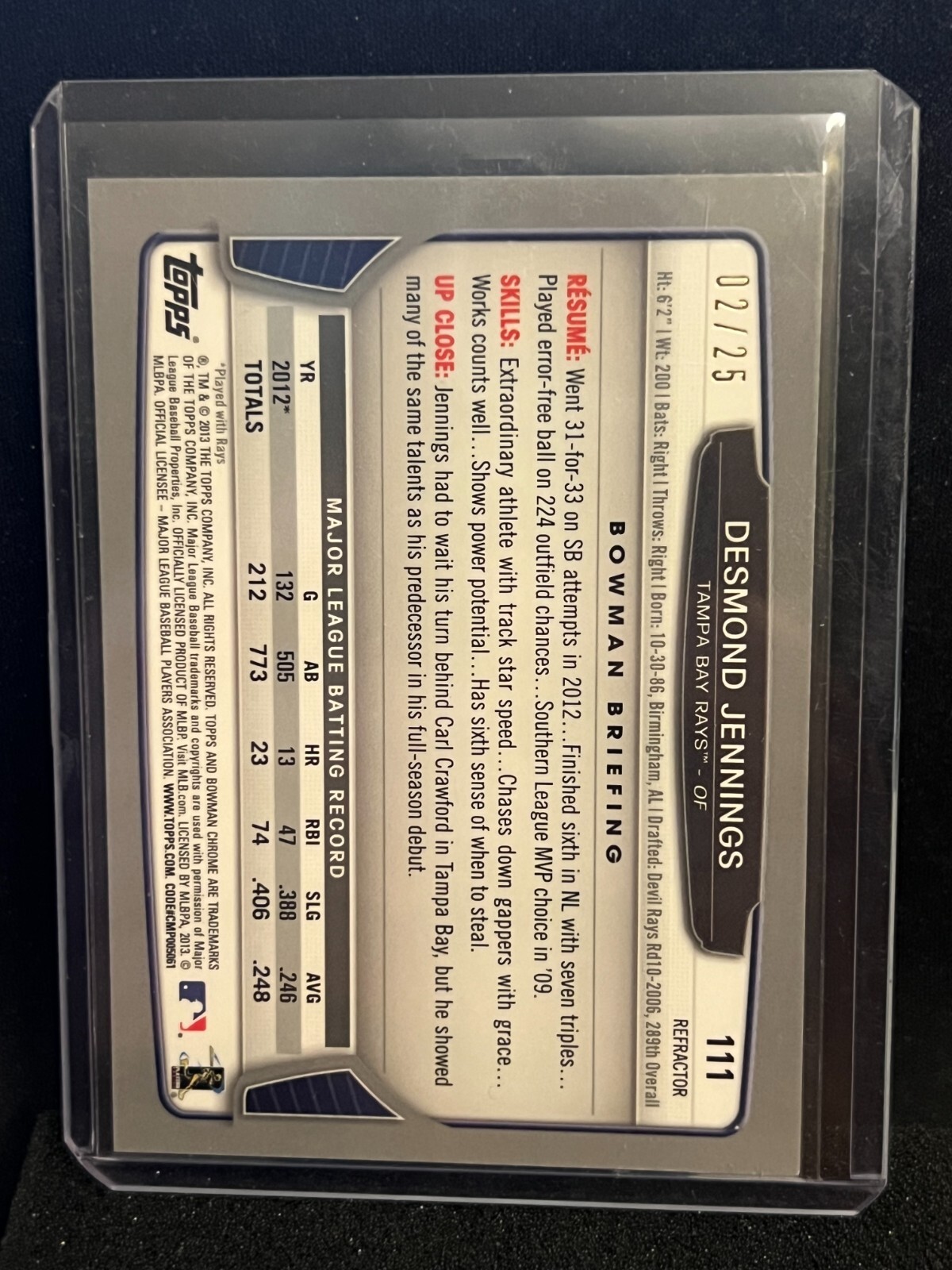 Desmond Jennings 2013 Bowman Chrome Orange Refractor #2/25 – Rays