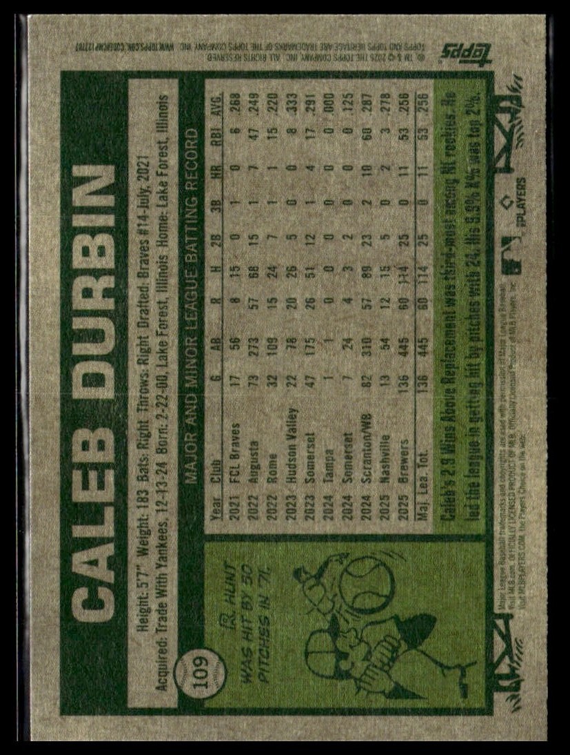 2026 Topps Heritage 109 Caleb Durbin Milwaukee Brewers Short Print SP