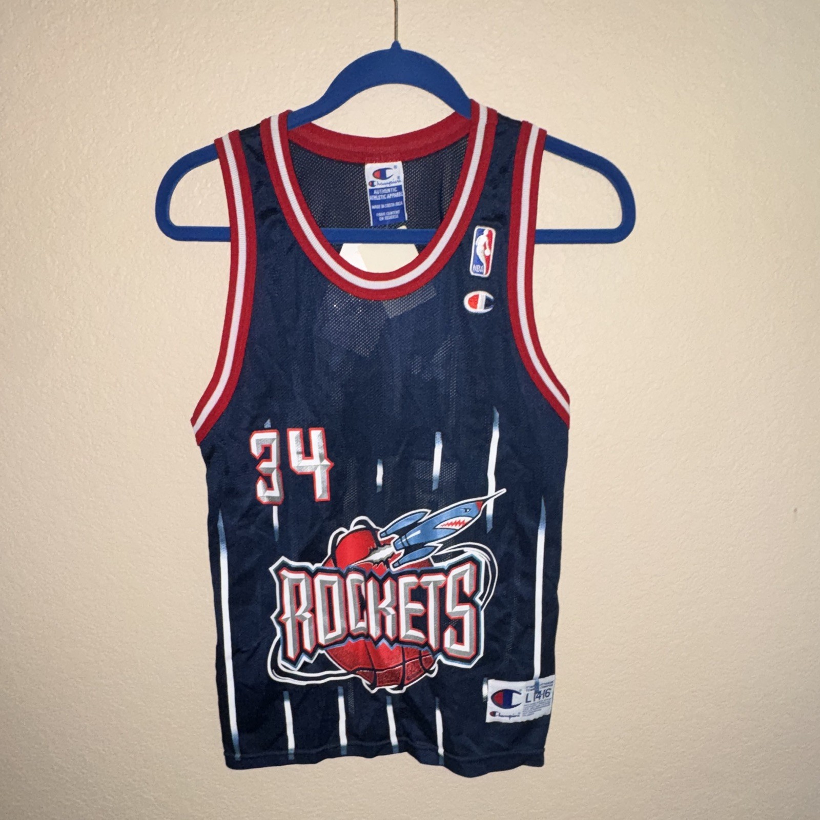 Champion Houston Rockets Hakeem Olajuwon Boys Jersey L 14-16 Navy Red White NBA