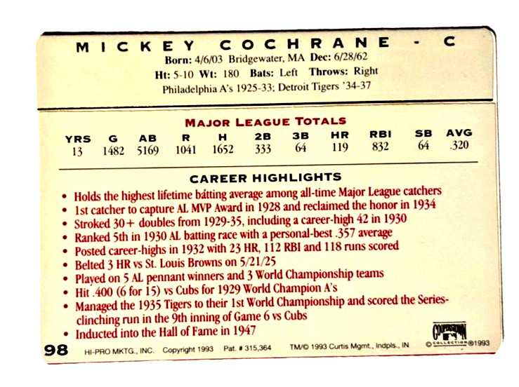 1993 Action Packed – All-Star Gallery Series 2 Mickey Cochrane #98