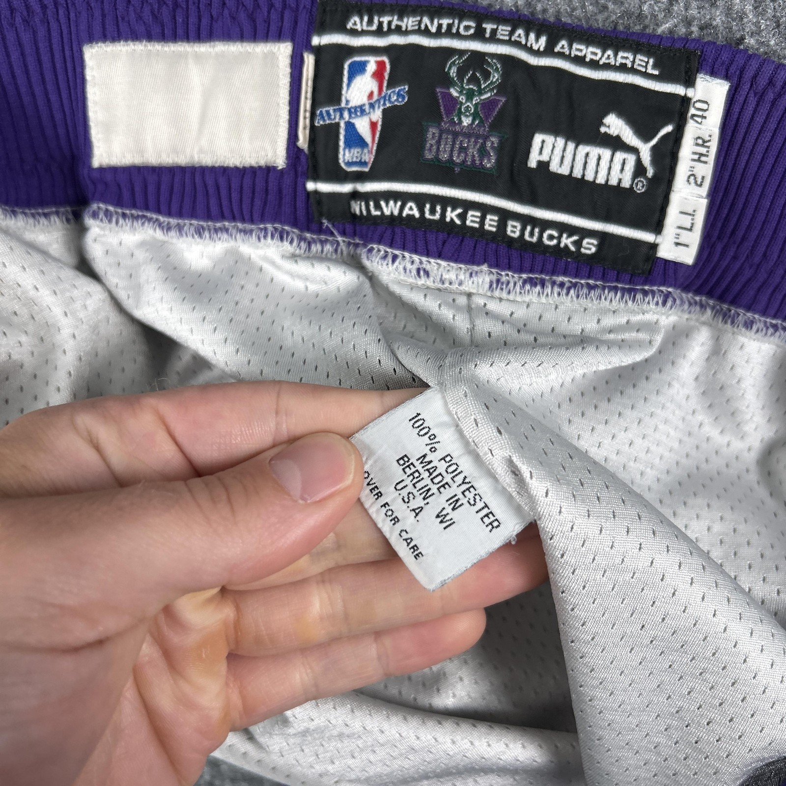 Vintage Milwaukee Bucks Shorts Mens 40 White Purple NBA Basketball Puma 90s