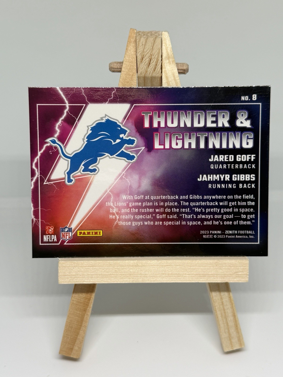 2023 Panini Zenith – Thunder & Lightning Jared Goff, Jahmyr Gibbs #8 Silver (RC)