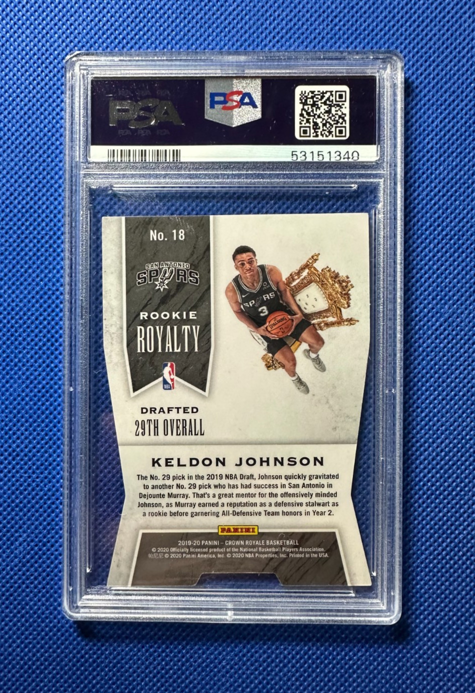 Keldon Johnson 3/5 Panini Crown Royale Rookie Royalty PSA (9) 2019 (RARE)