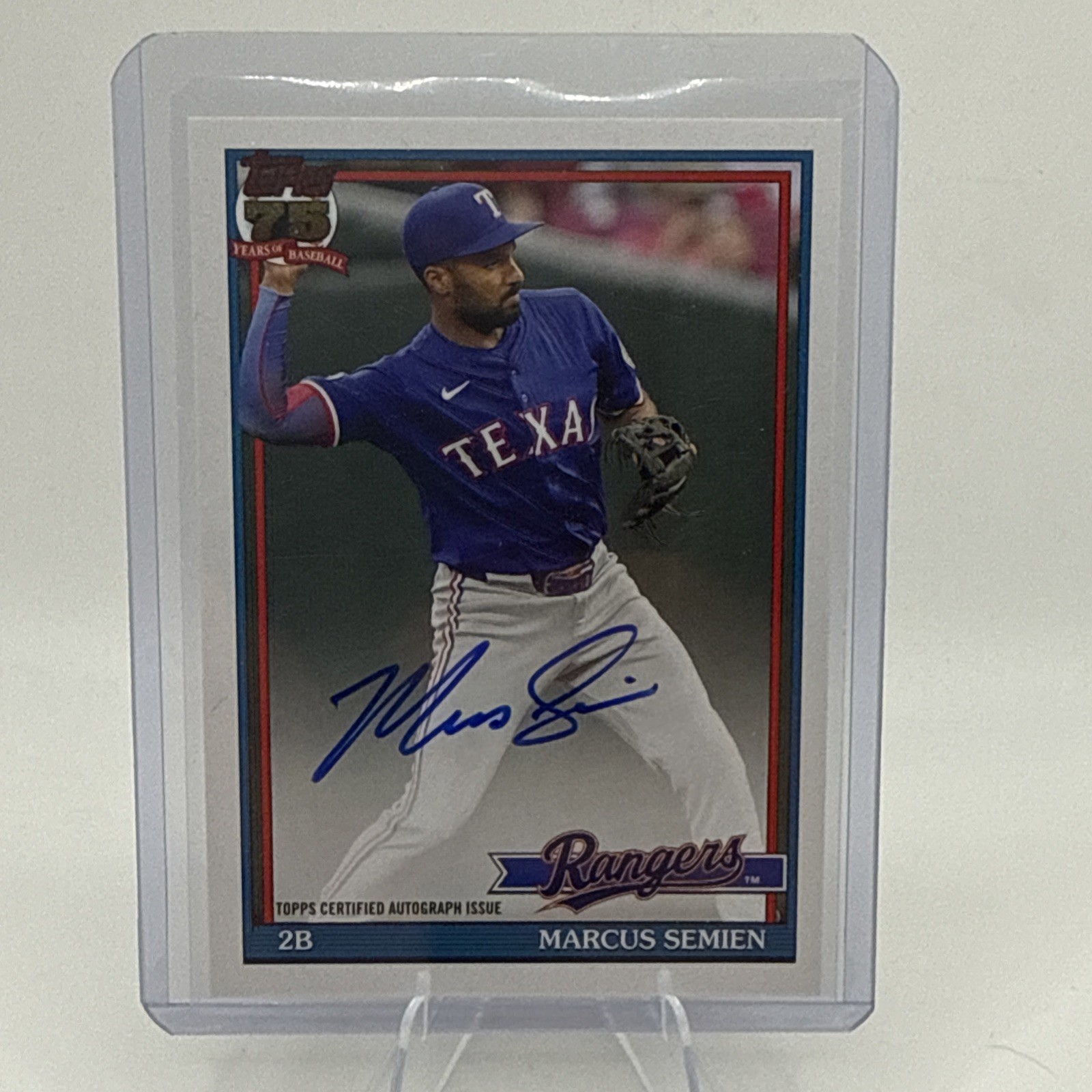 Marcus Semien Topps Series 2 2026 1991 Base Auto Texas Rangers 91A-MSE On Card