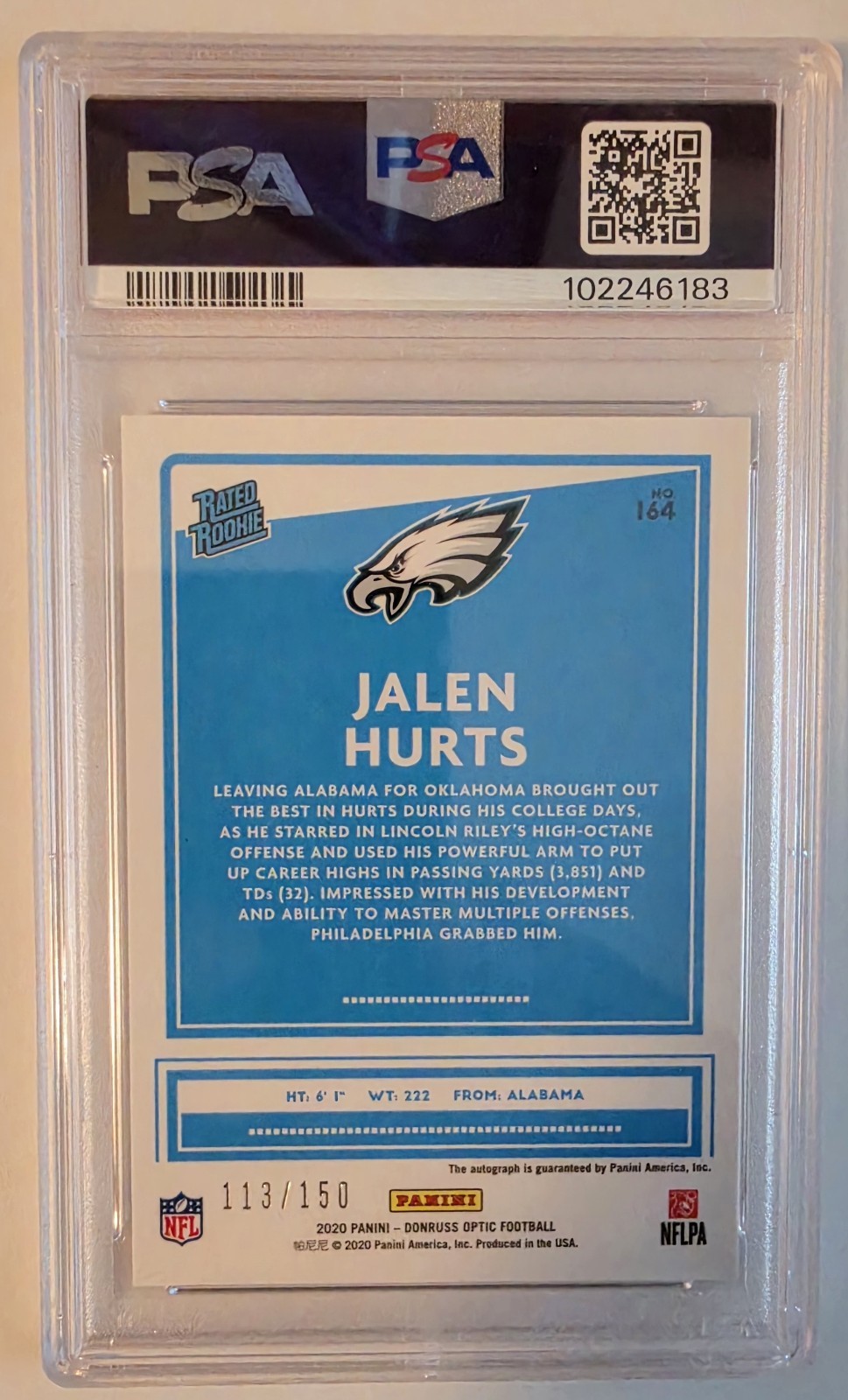 Panini 2020 Donruss Optic Rated Rookies Jalen Hurts RC Auto /150 #164 PSA 9