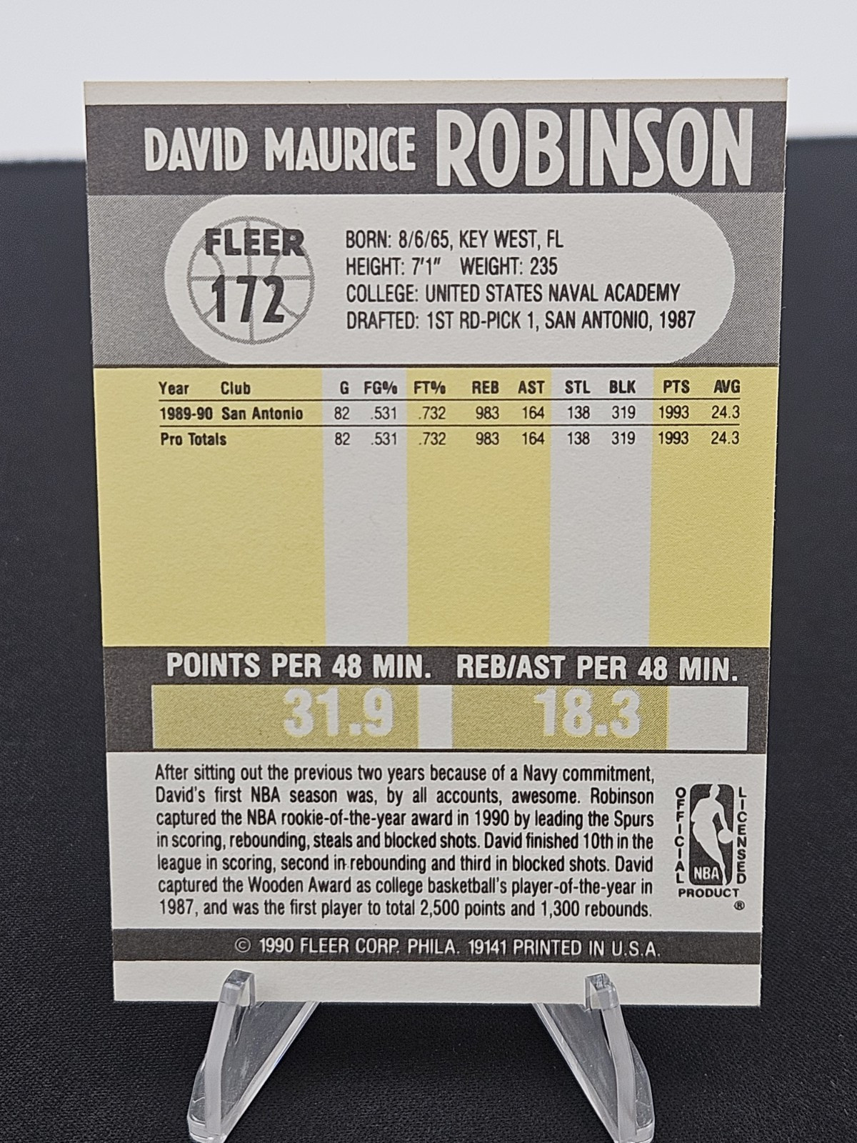 1990-91 Fleer Basketball #172 David Robinson San Antonio Spurs NBA