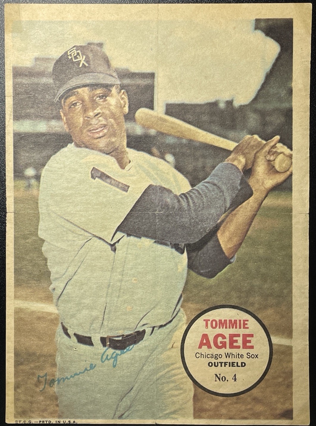 1967 Topps Tommie Agee Poster Insert #4 Chicago White Sox Vintage Folded