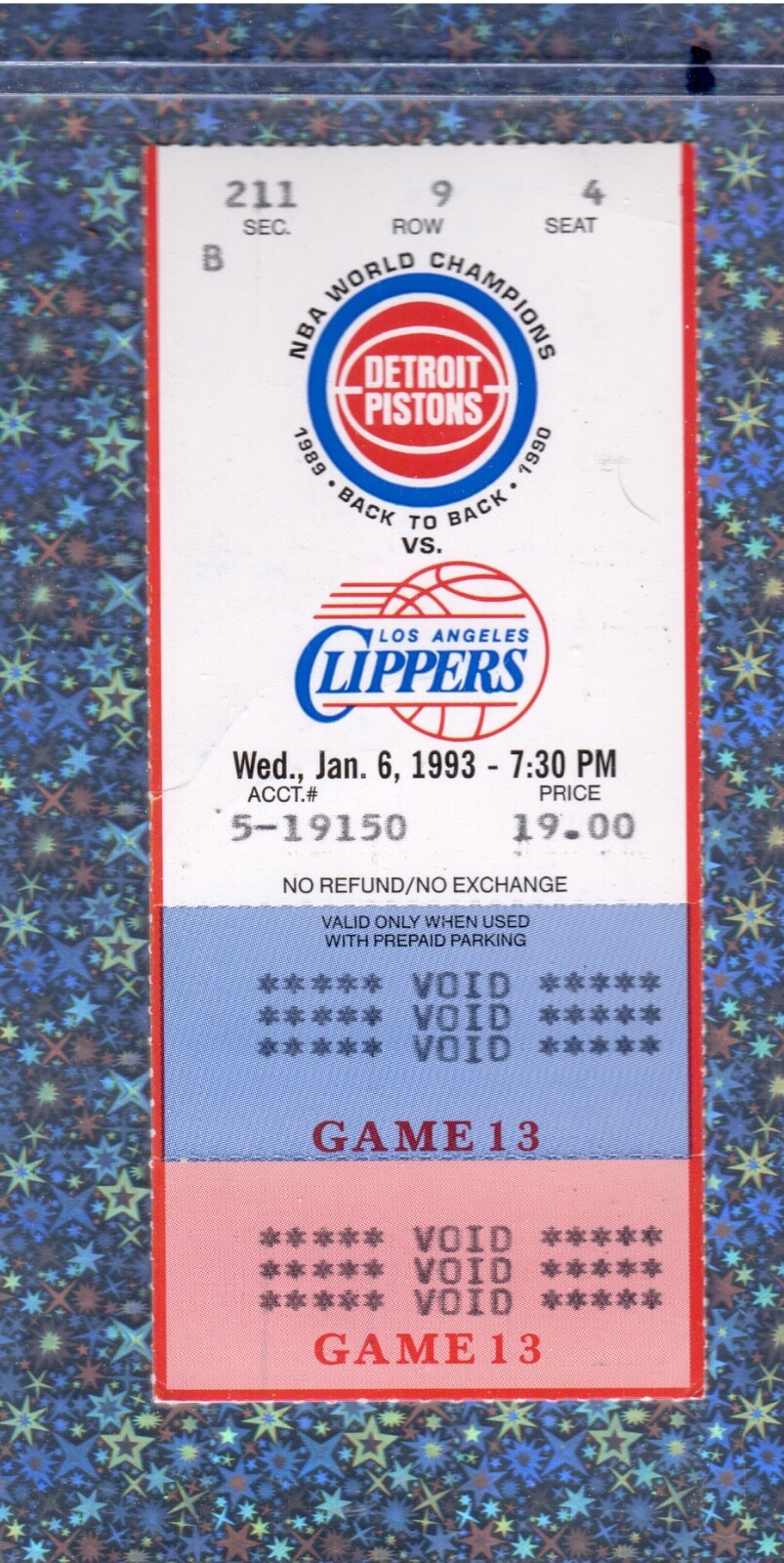 Joe Dumars 24pt 1-6-1993 Ticket Stub Clippers Pistons Dennis Rodman 23rb 10pt