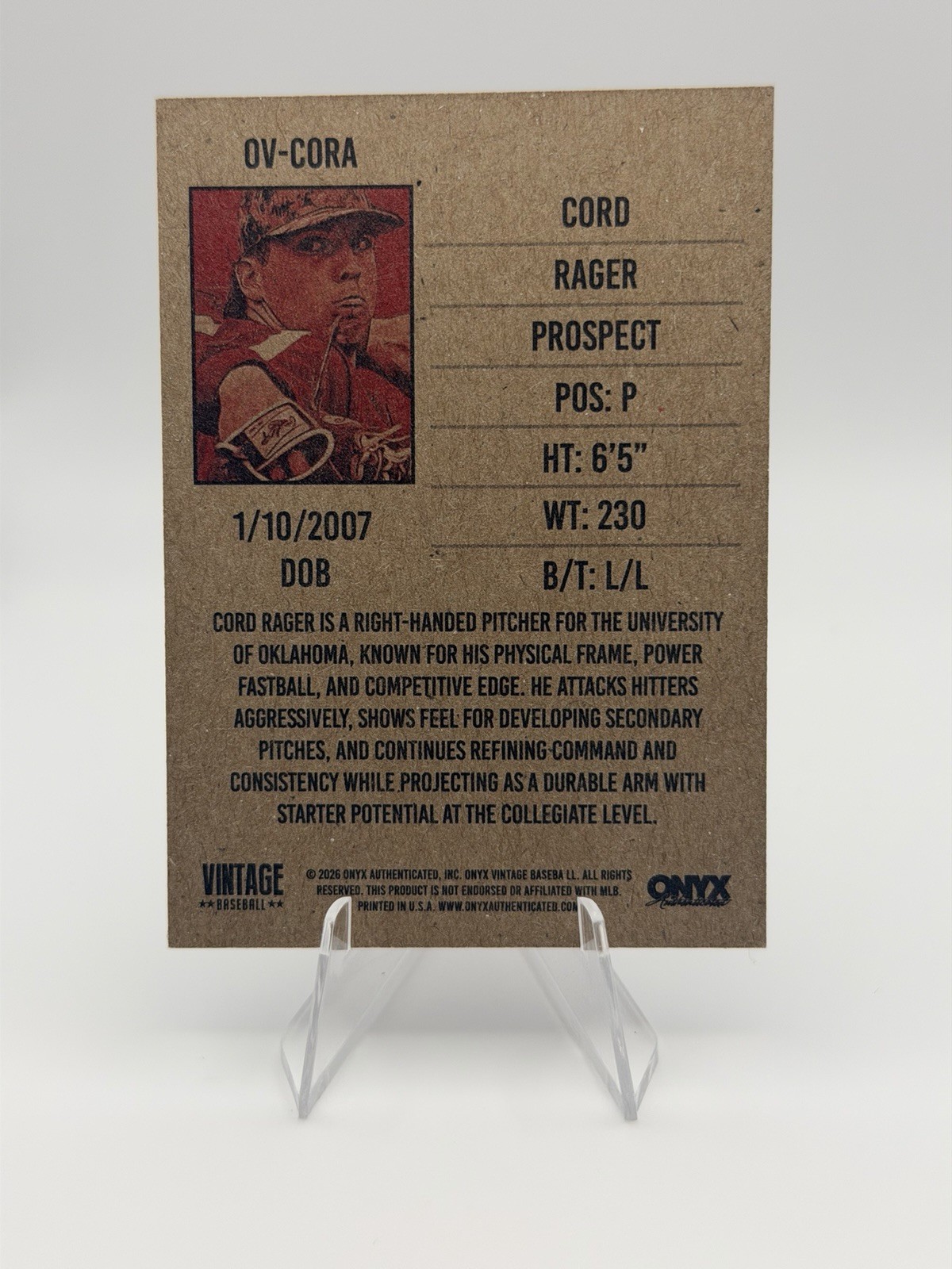 2026 Onyx Vintage Cord Rager #OV-CORA Oklahoma Sooners Base Card