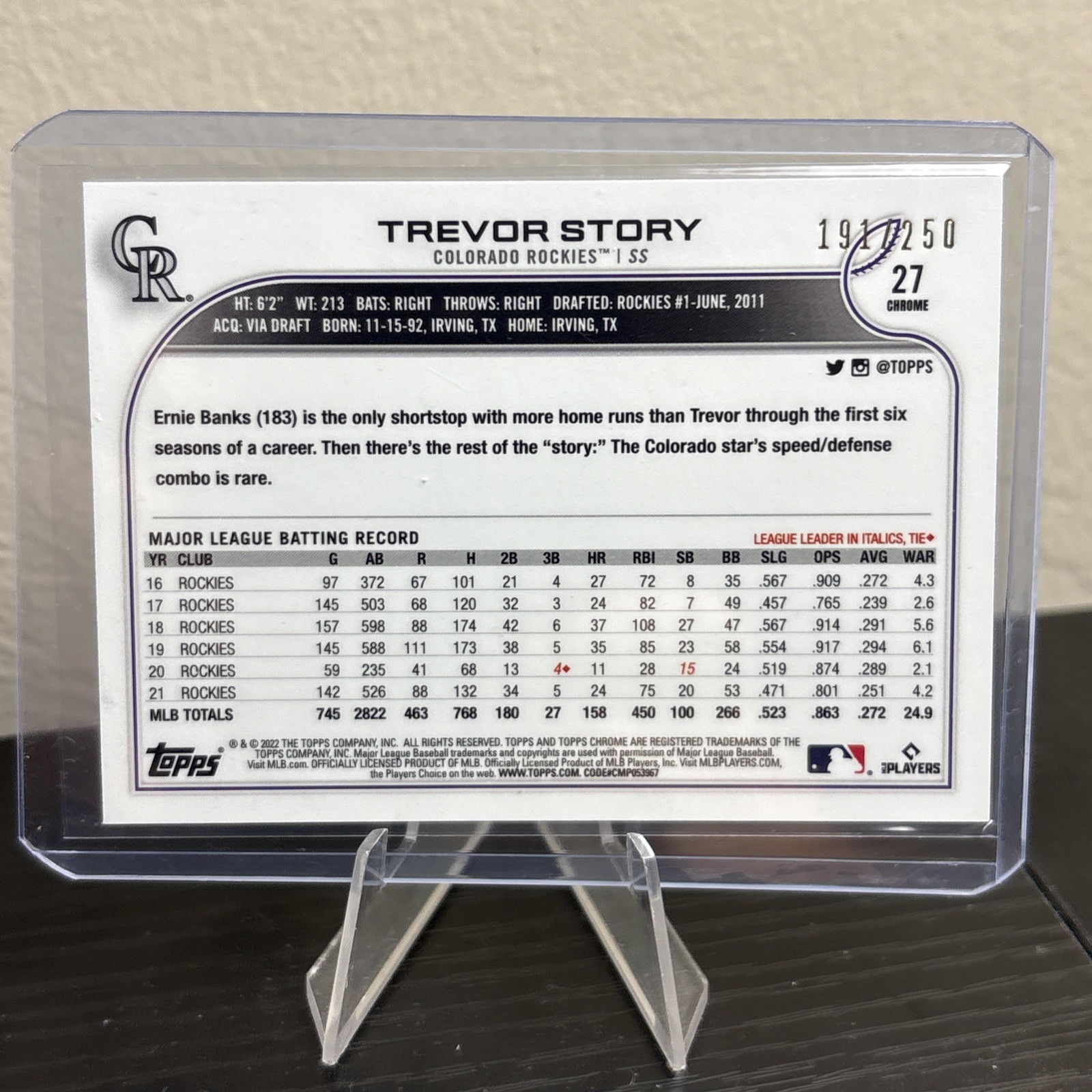 2022 Topps Chrome – Trevor Story #27 Purple Refractor /250