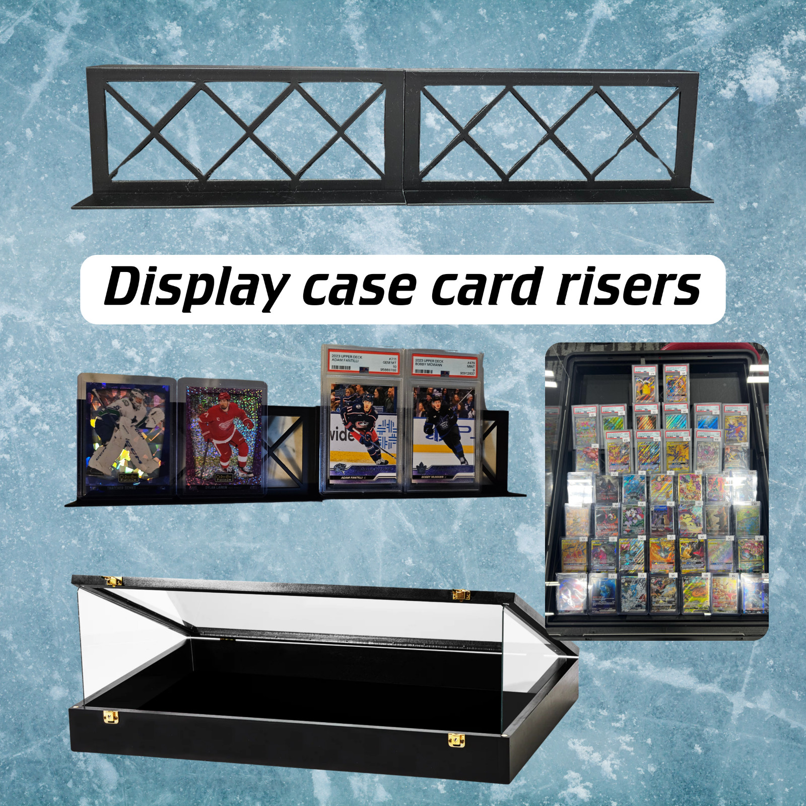 Display Case Card Riser Stands – Perfect for 24×36 Cases- 33 Risers! Holds slabs