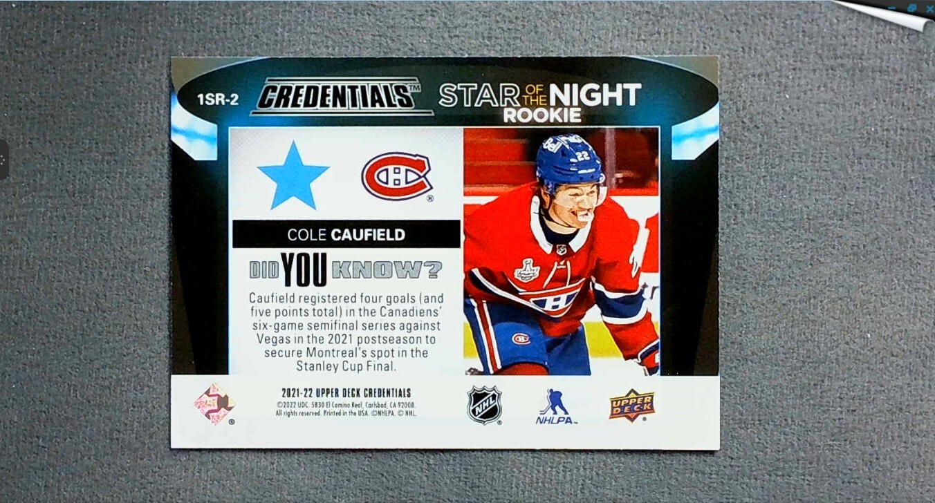 2021-22 Upper Deck Credentials 1st Star of the Night #1SR-2 Cole Caufield