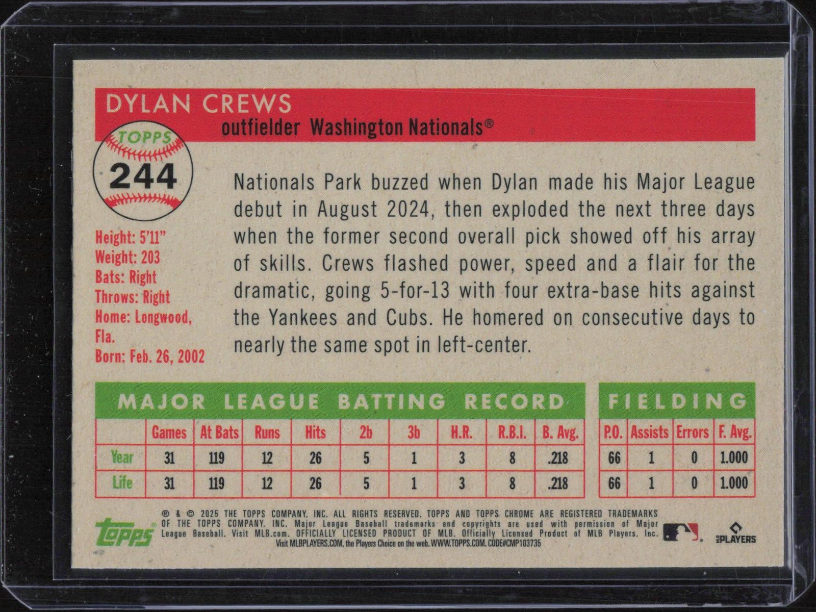 2025 Topps Chrome #244 Dylan Crews Toile Cream / Rose Gold Refractor #/75