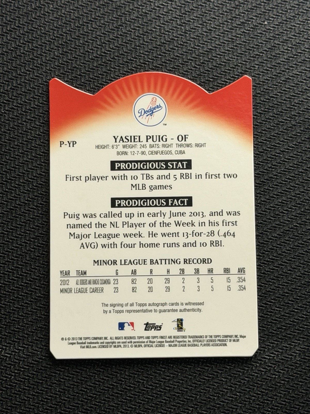 2013 Topps Finest Yasiel Puig Prodigies Die Cut Auto /10 #P-YP