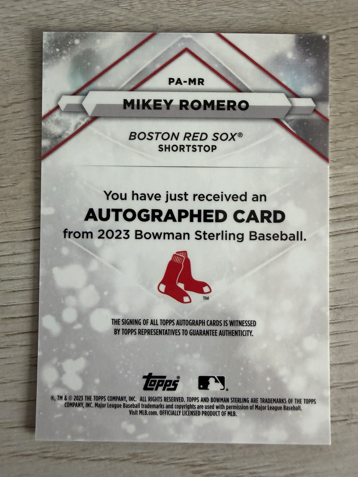 2023 Bowman Sterling Prospect Autographs Mikey Romero #PA-MR Speckle Auto /99