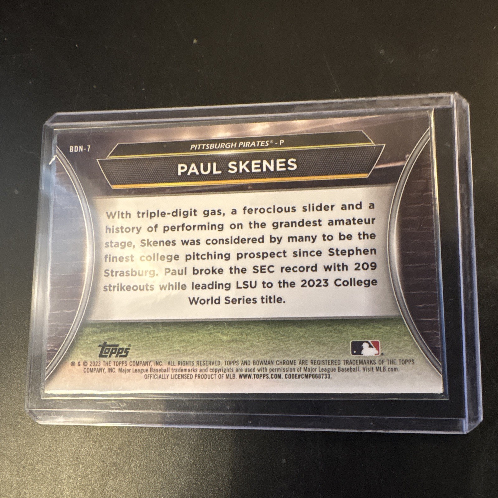 Topps 2023 Bowman Draft Night Chrome Paul Skenes BDN-7 Pittsburgh Pirates
