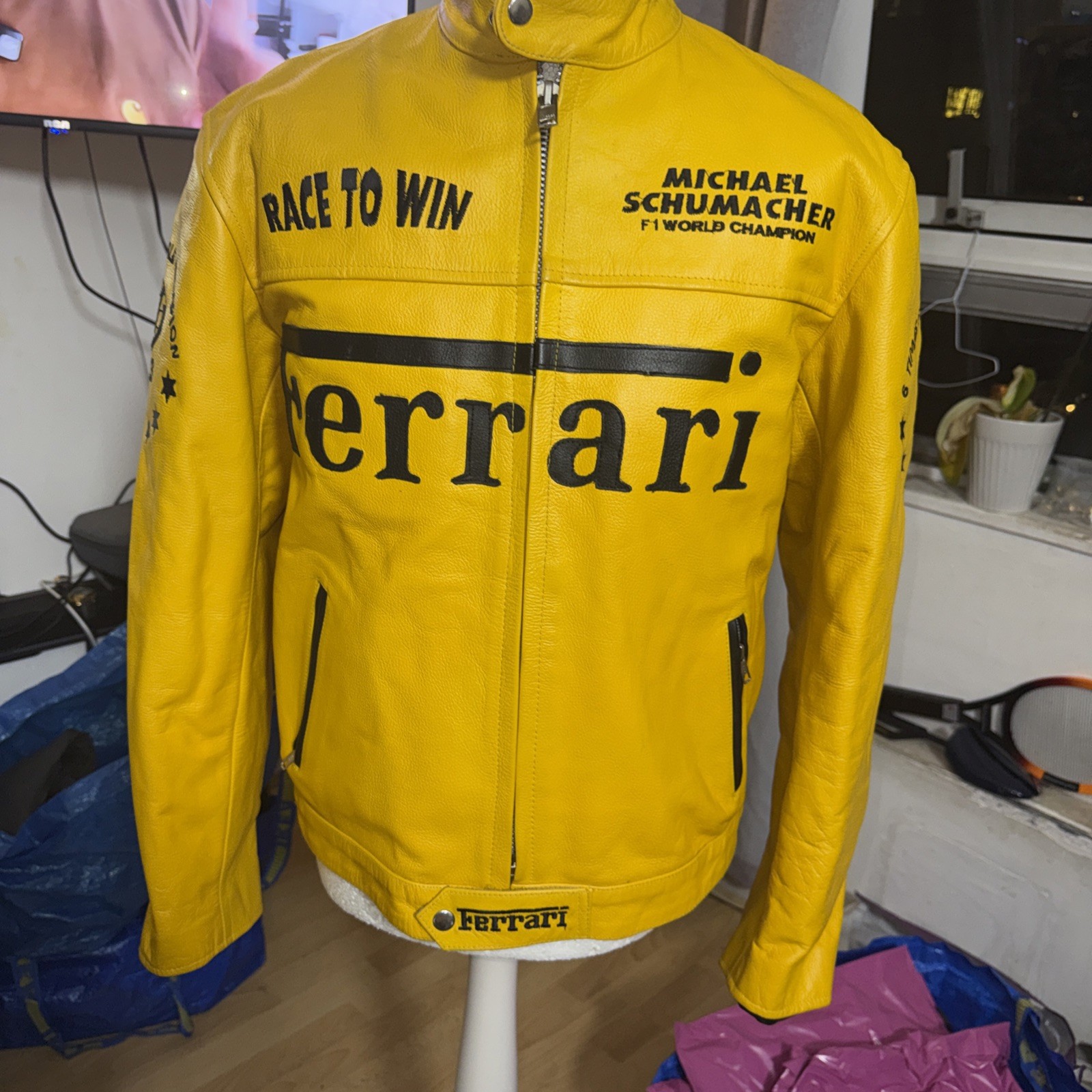 Vintage Michael Schumacher Ferrari Leather Jacket Mens Size large Yellow Black