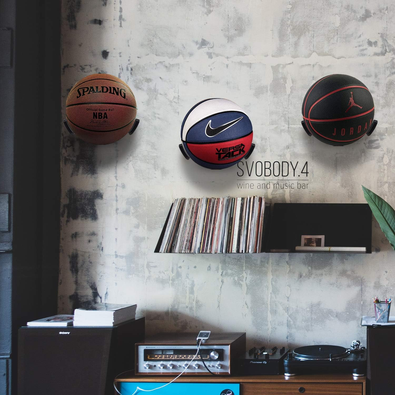 Wall-Mounted Sports Ball Display Shelf with Self-Sticking Claw Racks