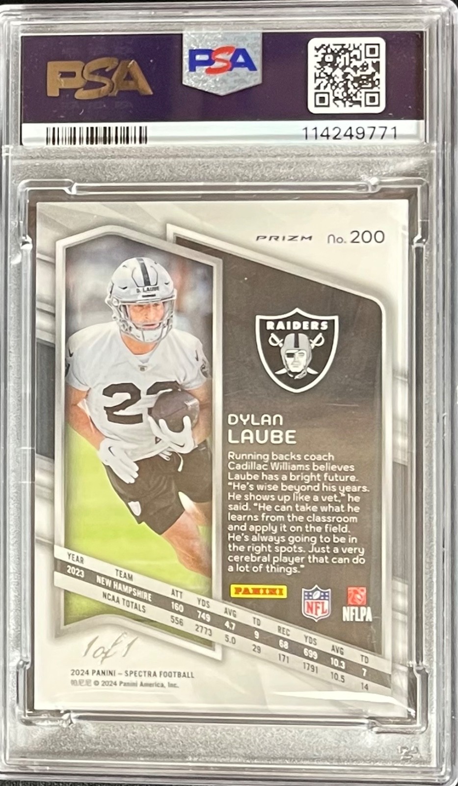 PSA 9 2024 Panini Spectra Dylan Laube #200 Gold Vinyl #1/1 Rookie Raiders