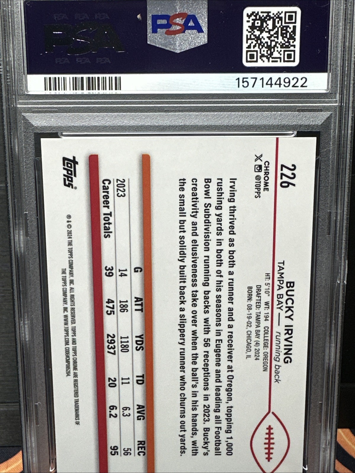 2024 Bucky Irving RC Orange /25 PSA 10 Topps Chrome Sapphire Rookie #226