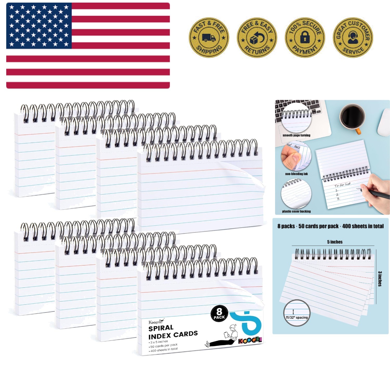 400PCS Index Cards 3×5, Flash Cards with Waterproof Covers for Back to School…