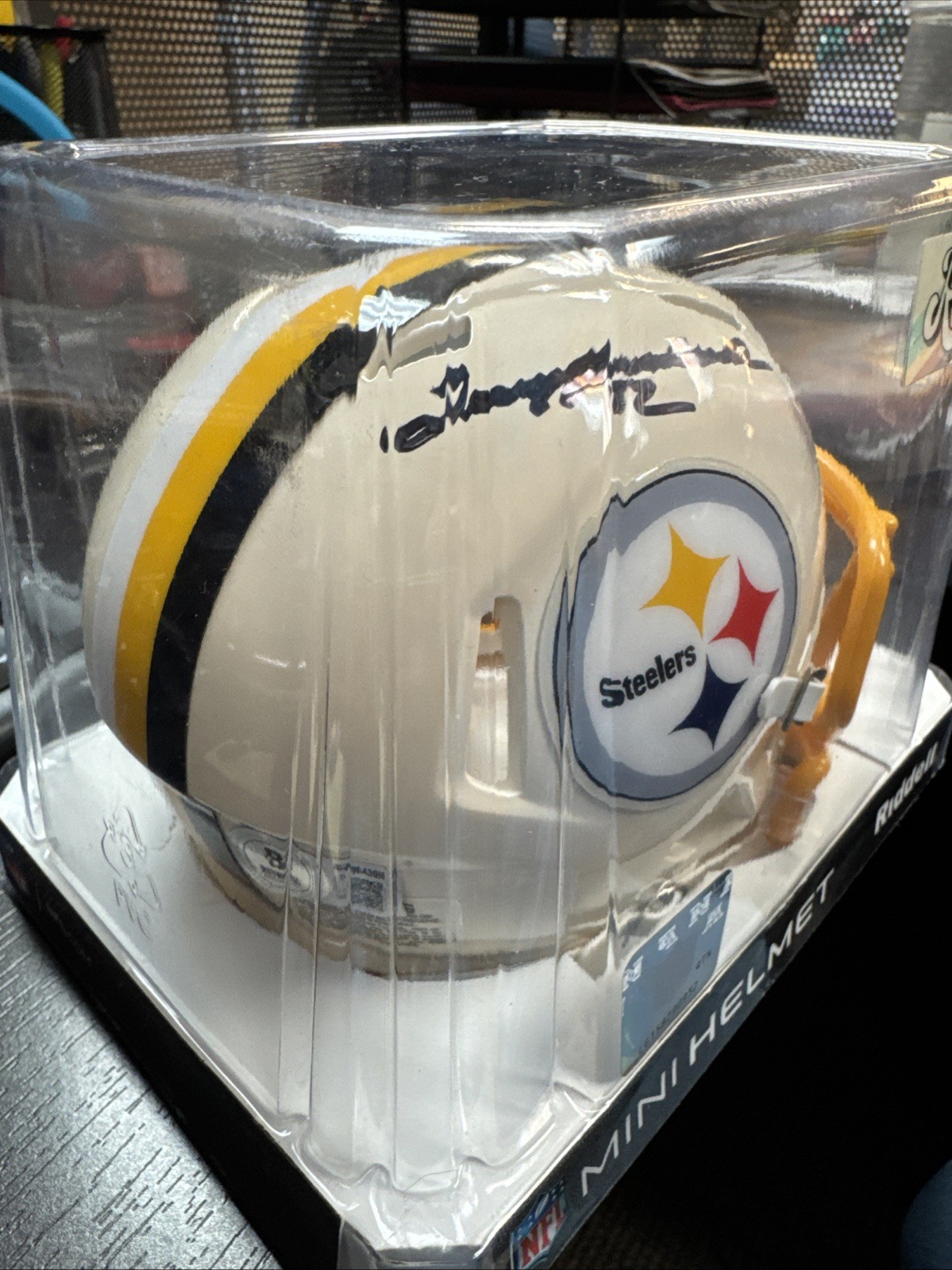 Terry Bradshaw Signed Pittsburgh Steelers Retro Mini Helmet w/12 & Beckett Coa