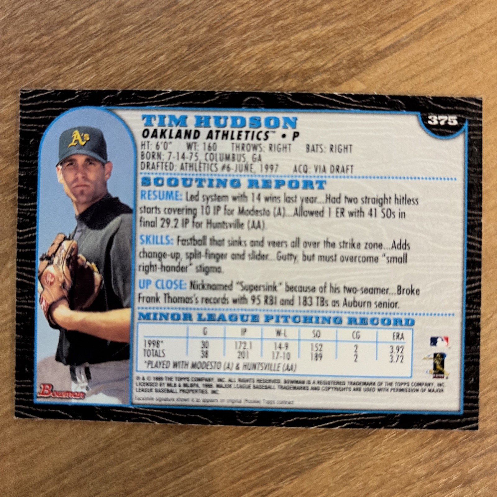 1999 Bowman – Tim Hudson #375 (RC) – Athletics